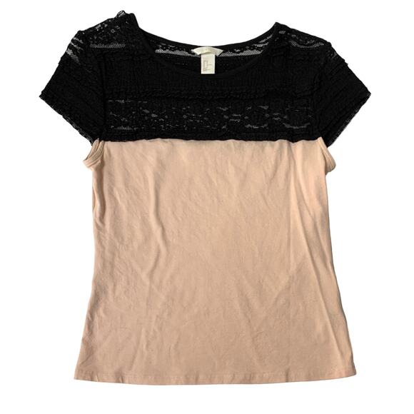 H&M Pastel Pink Black Lace Shot Sleeve T-shirt Medium - Picture 5 of 7